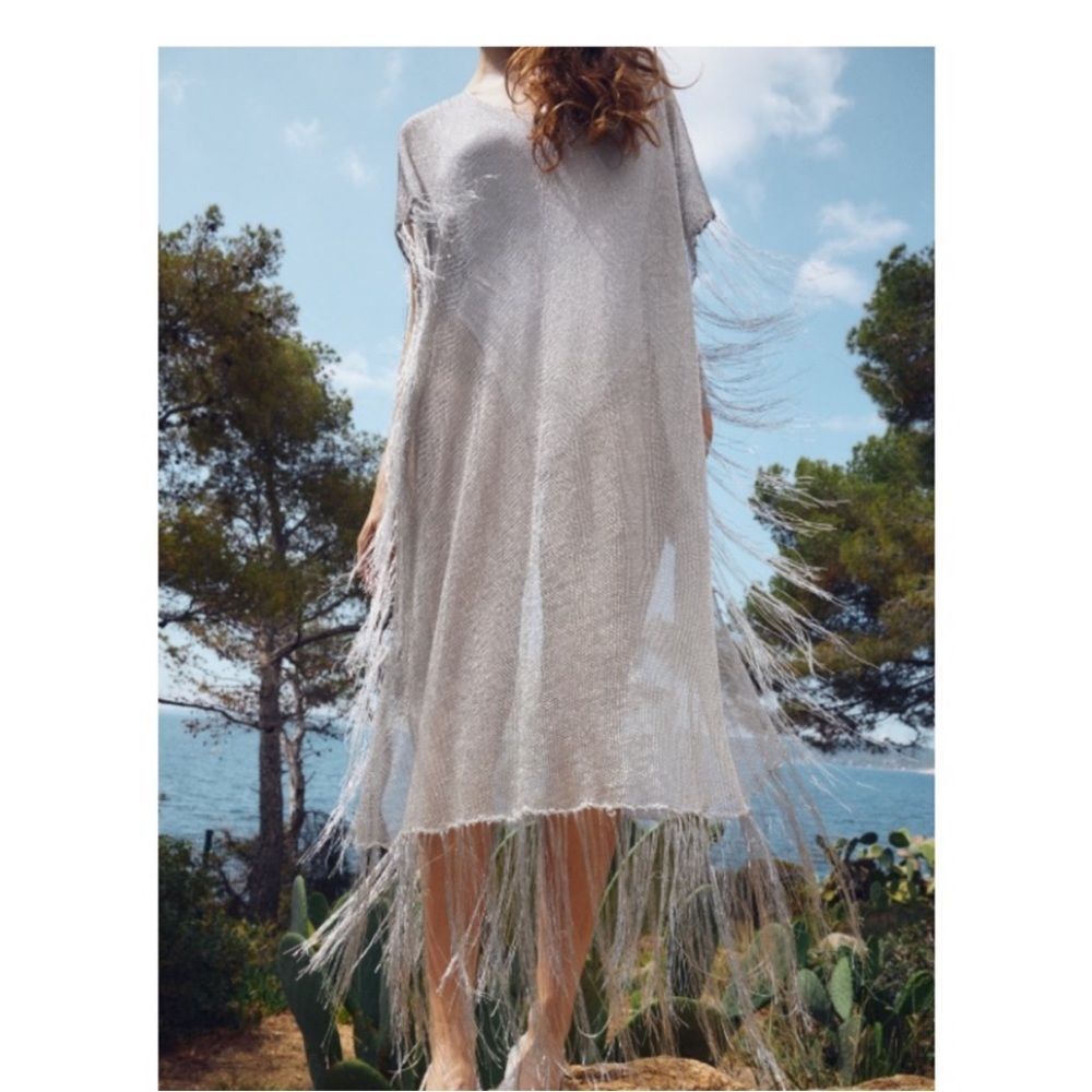 NWT ZARA FRINGED METALLIC THREAD KAFTAN DRESS SILVER